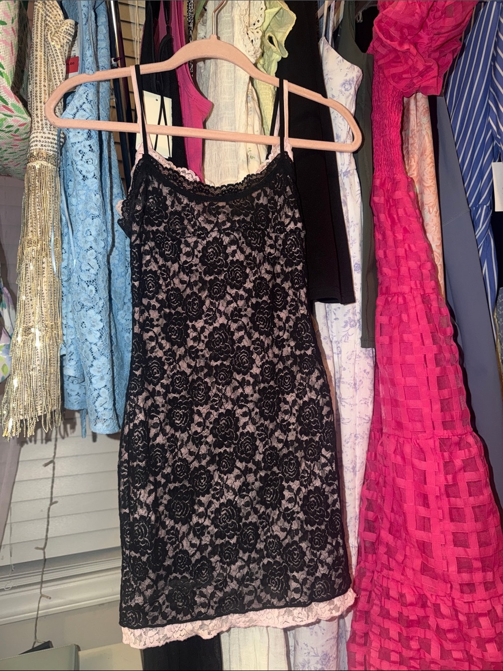 White Fox Boutique Black Lace Slip Dress with Blush Underlay